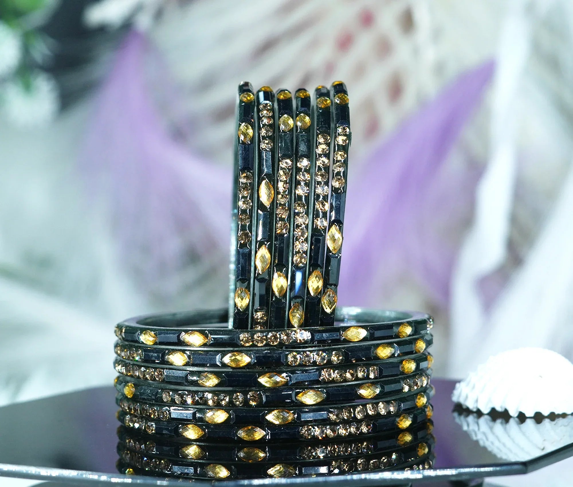 Multiple Color Glass Bangle with Stone Beads Work for Women & Girls (Pack 12 Bangles) - The Golden Cascade